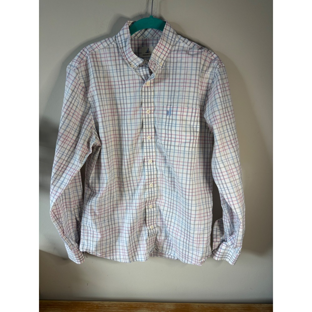 Johnnie-O Hangin Out Mens Medium Plaid Button Down Shirt Blue Pink Cotton LS‎
